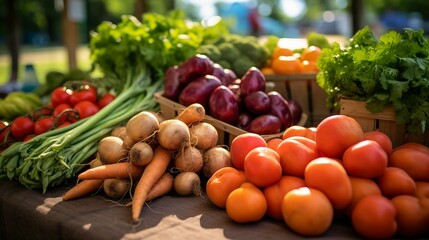 Farmers Market with Fresh Tomatoes, Carrots, Potatoes, and Cucumbers