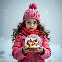 Naklejka premium Charming girl holding a snow globe with a cozy winter scene on a snowy day, photography of portrait concept.