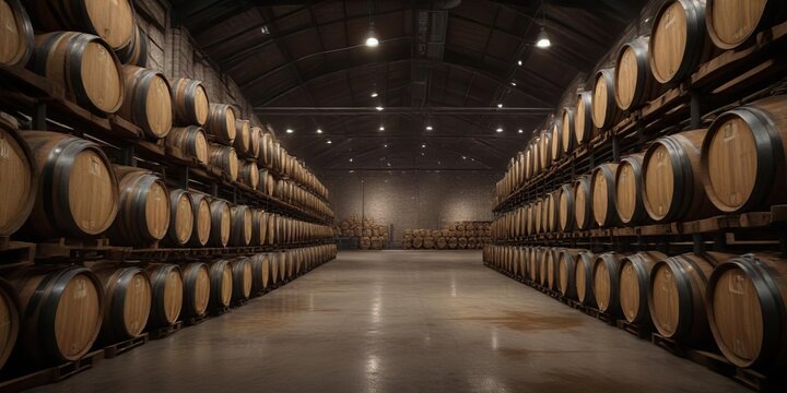 Rustic whisky distillery warehouse with rows of barrels, barrels, storage, aging