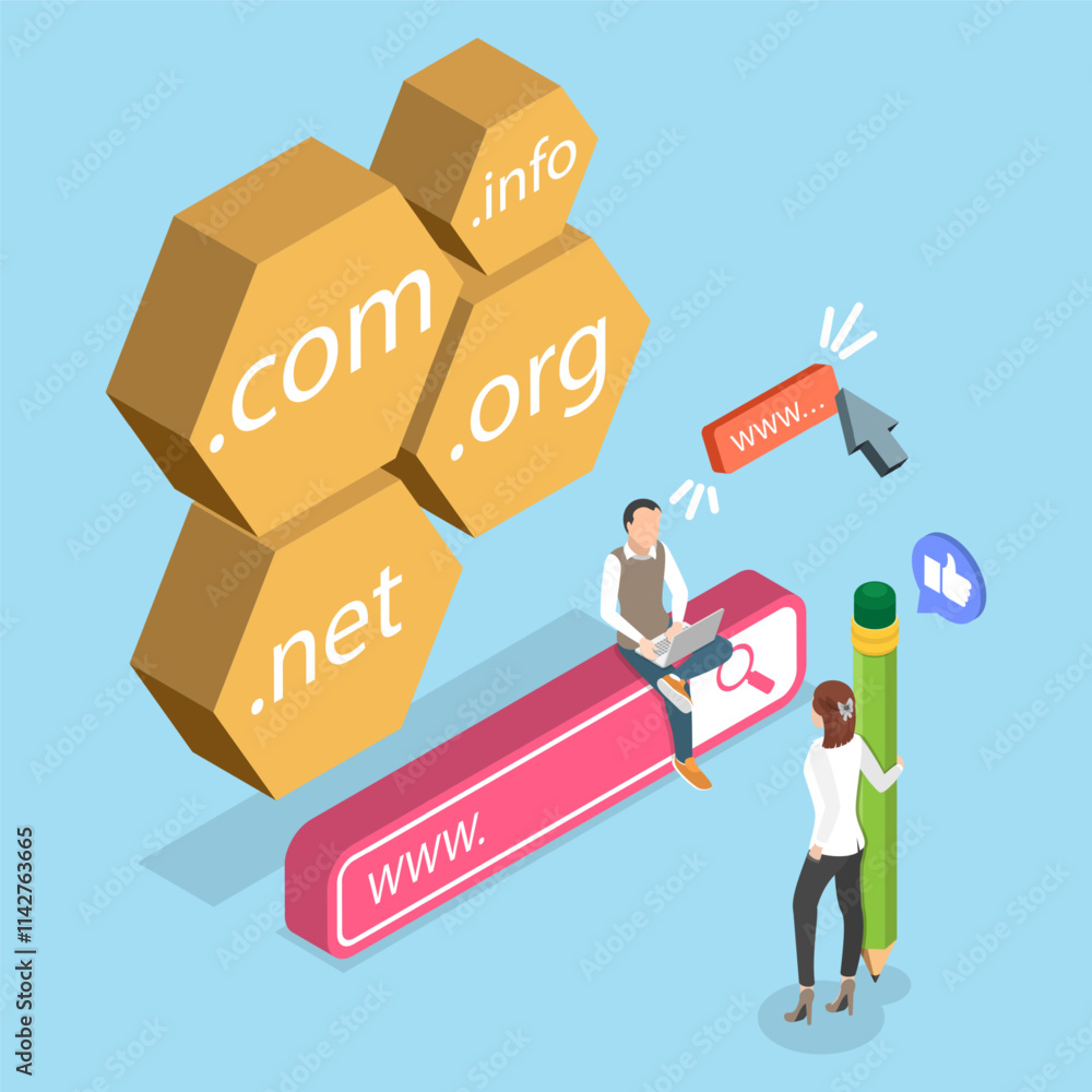 Poster 3d isometric flat vector illustration of internet technology, idea of registering a domain