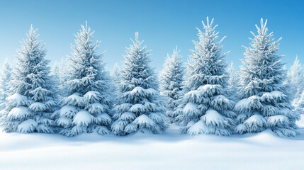 Naklejka premium Snow covered pine trees create serene winter landscape against clear blue sky, evoking sense of tranquility and beauty in nature