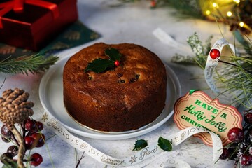 Homemade traditional Kerala plum fruit cake | Christmas rum cake on holiday background