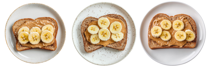 A Set of Crispy Whole Wheat Toast Topped with Bananas and Almond Butter Isolated on Transparent Background