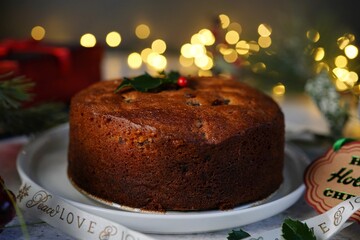Homemade traditional Kerala plum fruit cake | Christmas rum cake on holiday background