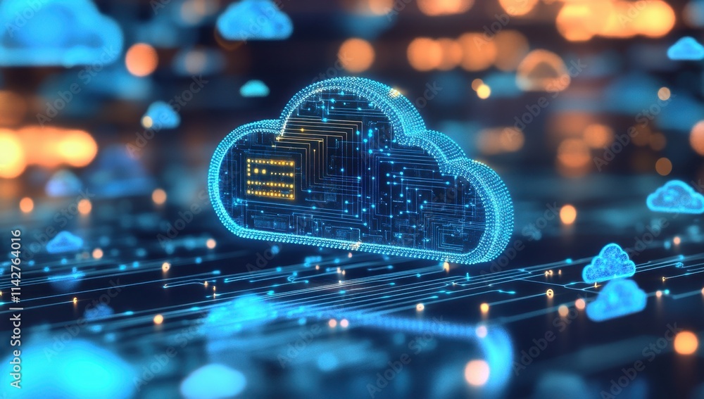 Poster a digital illustration of cloud technology with glowing blue clouds and circuit patterns a close-up 