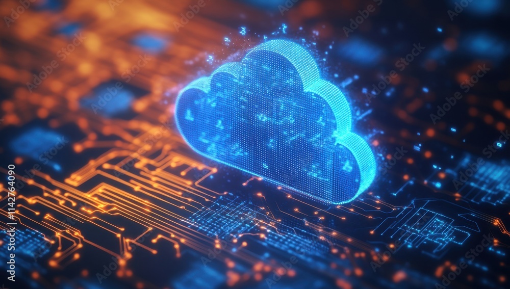 Poster a digital illustration depicting cloud technology, with glowing blue clouds on top and circuit board