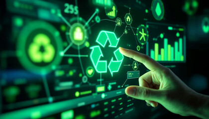 Fototapeta premium Hand Reaching to Touch Green Recycling Symbol on Futuristic Interface