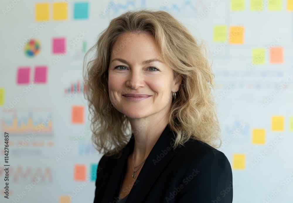 Aufkleber confident businesswoman with natural curls smiling in front of colorful data visualizations and stic
