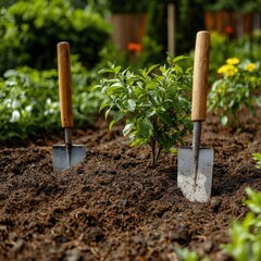 A close-up of garden trowels resting in rich soil, surrounded by vibrant green plants, highlighting the beauty of gardening and cultivation.