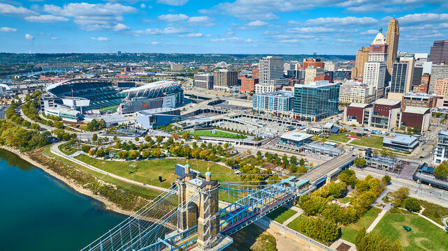 Aerial of John A. Roebling Bridge and Cincinnati Skyline