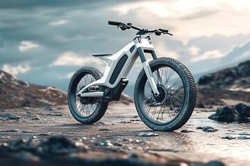 Obraz premium Futuristic Electric Bicycle in Mountainous Landscape