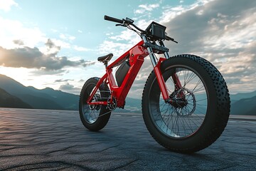 Obraz premium Powerful Red Electric Fat Bike at Sunset