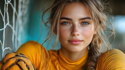 Portrait of a beautiful young female goalkeeper, women soccer player standing with her arms in front of the goal net on the soccer grass field outdoors,looking at the camera and smiling,wearing 