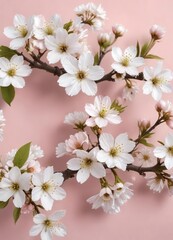 Seamless pattern of delicate white cherry blossoms on a soft pink background, nature, floral, spring, elegance, pastel
