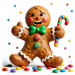 Fototapeta premium A joyful gingerbread character surrounded by colorful candies and festive decorations, digital art of whimsical character design concept.
