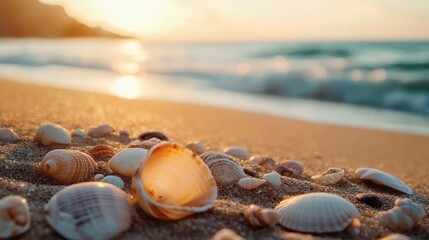 Close-up of seashells nestled in golden sand at sunrise.
