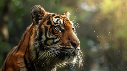 Fototapeta premium Tiger with intense gaze staring directly at the camera in a dense jungle setting, highlighting powerful eyes and captivating expression in the wilderness