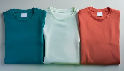 Scene with blank t-shirts of various colors lined up on a flat surface