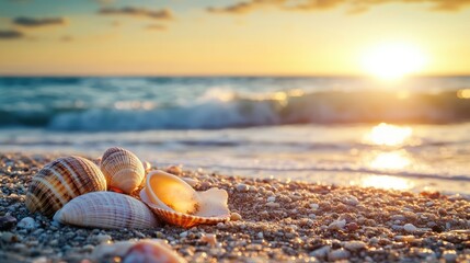 Obraz premium Close-up of seashells nestled in golden sand at sunrise.