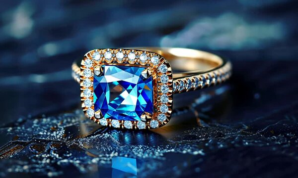 Golden ring and blue gemstone sapphire aquamarine zircon moissanite topaz or tourmaline lit with lamp light on neutral shimmering blue background