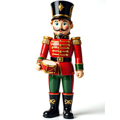Vibrant nutcracker soldier holding a drum in cheerful holiday attire for seasonal celebrations, digital art of character design concept.