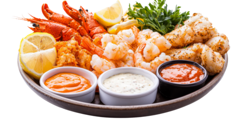 A vibrant platter featuring shrimp, prawns, crispy fish, lemon wedges, and various dipping sauces.