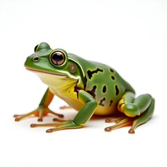 Obraz premium green frog sitting on a leaf with natural lighting, ideal for amphibian photography, environmental themes, and stock images for nature conservation 