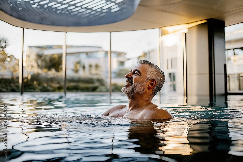 Poster a man is swimming in a pool. he is smiling and he is enjoying himself. the water is calm and clear, 