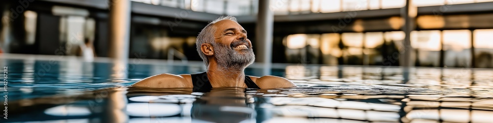 Poster a man is swimming in a pool. he is smiling and splashing water. scene is happy and relaxed
