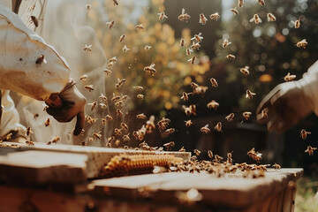 Experienced Beekeeper Harvesting Honeycombs with Bees in a Rural Setting Generative AI