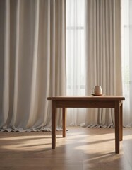 Simple wooden table with curtain-filtered window light, light, curtain
