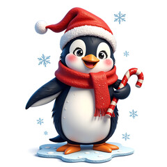 Fototapeta premium A joyful penguin celebrating winter with a candy cane and santa hat, digital illustration of character design concept.