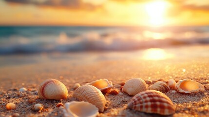 Close-up of seashells nestled in golden sand at sunrise.