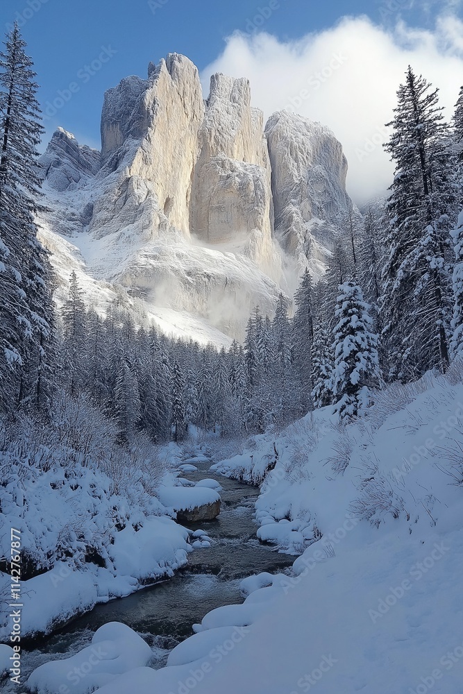 Poster a snowy mountain range with a river running through it. the snow is piled up on the trees and the sk