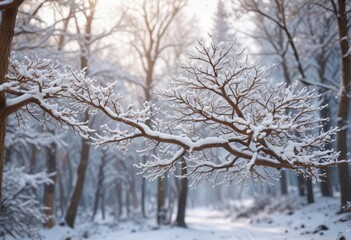 Fototapeta premium Snow-covered woodland tree branches with a soft focus, frosted, magical, winter scene, atmosphere
