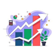 Obraz premium Vector Illustration of Bar Graph with Ascending Bars, Upward Arrow, and Abstract Decorative Elements, Isolated on White Background