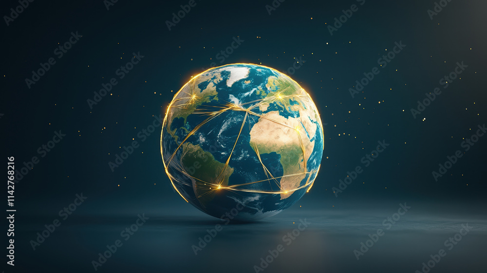 Poster digital representation of earth with glowing connections symbolizing global communication and unity.