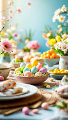 A beautifully arranged festive Easter dinner table setup featuring traditional dishes, colorful eggs, and vibrant spring flowers, creating an inviting backdrop