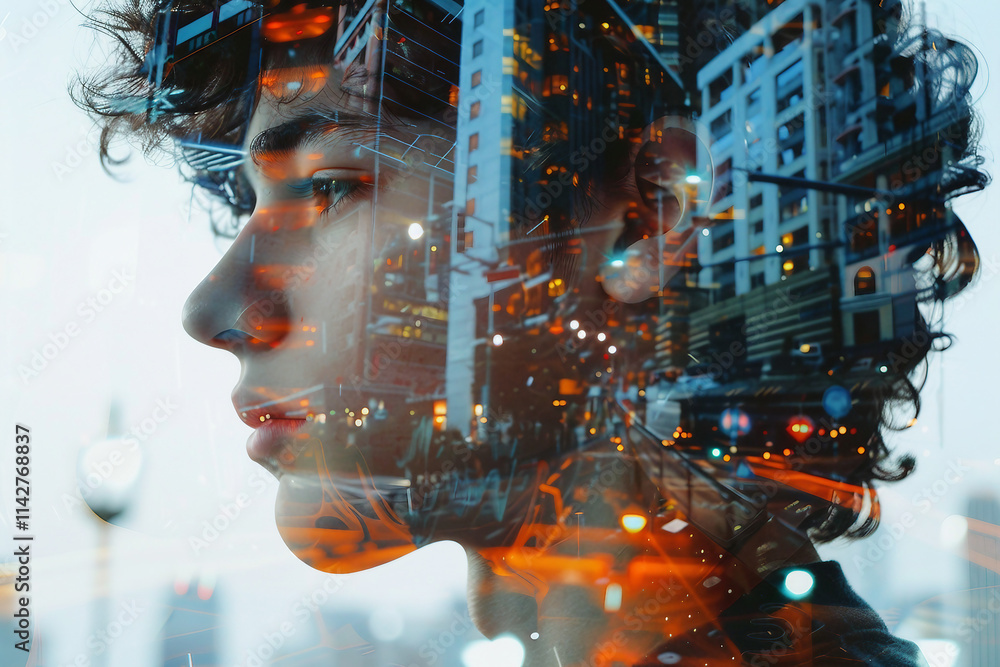 Aufkleber a double exposure image showing a silhouette of a worker against a backdrop of city lights generativ