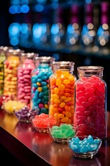 Row of Colorful Candy Display in Glass Containers