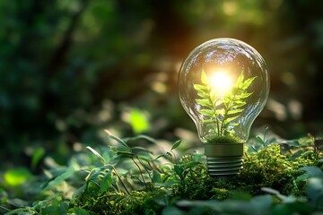 Green Energy: Plant Inside Light Bulb in Forest