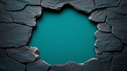 Stone Wall Breakthrough: A dramatic image with a large, irregular hole breaking through a rough, dark grey stone wall. The hole reveals a vibrant turquoise blue background.