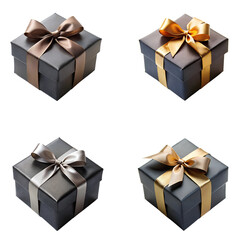 Collection set of black gift boxes with bow ribbons isolated on transparent PNG background, Christmas, birthday, anniversary or Valentine's, holiday decor