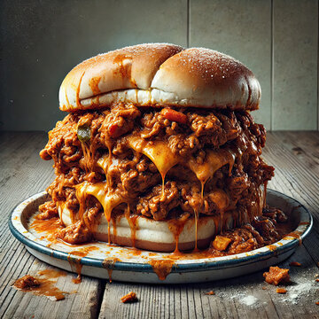 AI-generated image of a disgustingly unhealthy looking sloppy joe sandwich resting on a dirty plate
