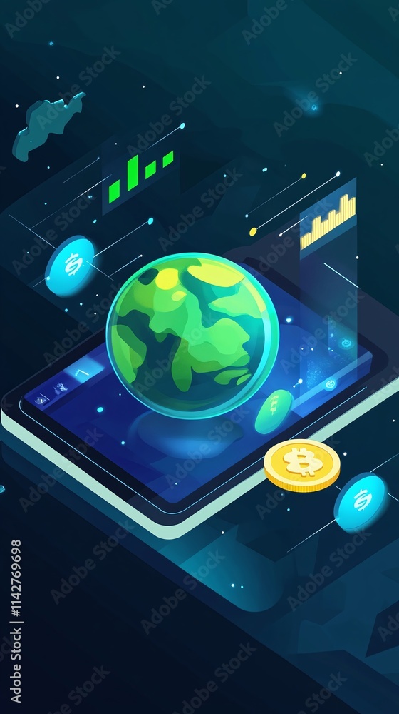 Poster an isometric illustration of a blockchain-based global payment system.
