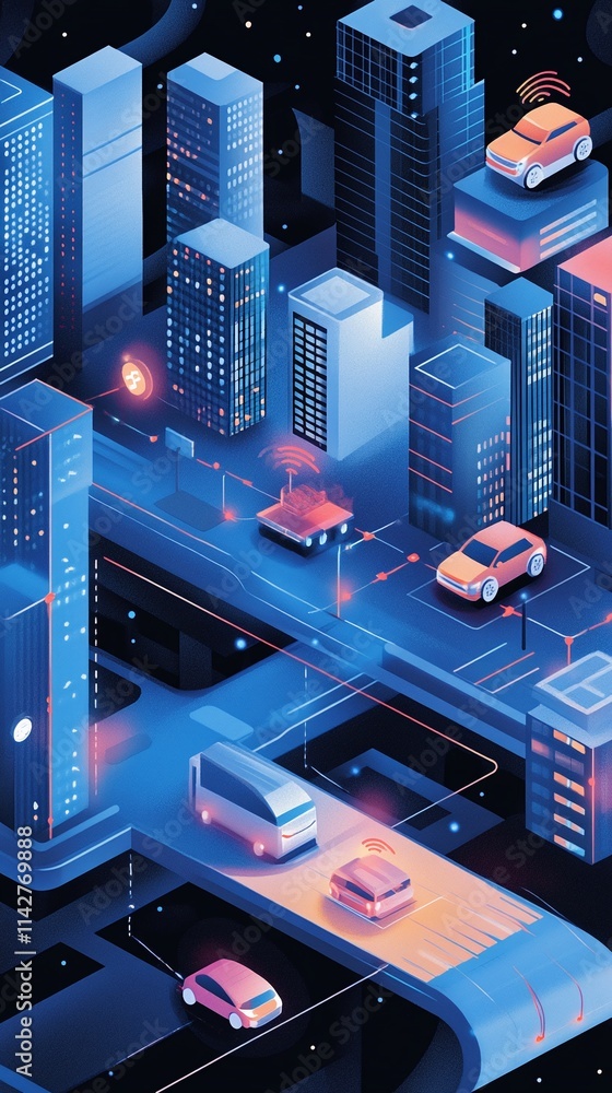 Poster an isometric illustration of a blockchain-based global payment system.
