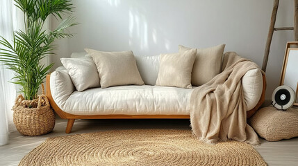 Cozy living room with a neutral-toned sofa and natural decor elements for a relaxing atmosphere