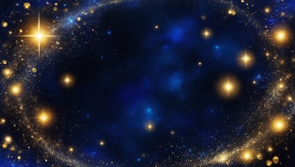 Fototapeta premium An enchanting abstract background with dark blue and gold particles, shimmering Christmas bokeh lights, and radiant particles on a navy blue backdrop, complemented by a gold foil texture.