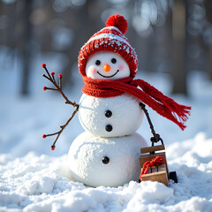 Obraz premium Joyful snowman in winter wonderland with a colorful scarf and a sled in a snowy landscape, photography of winter scene concept.