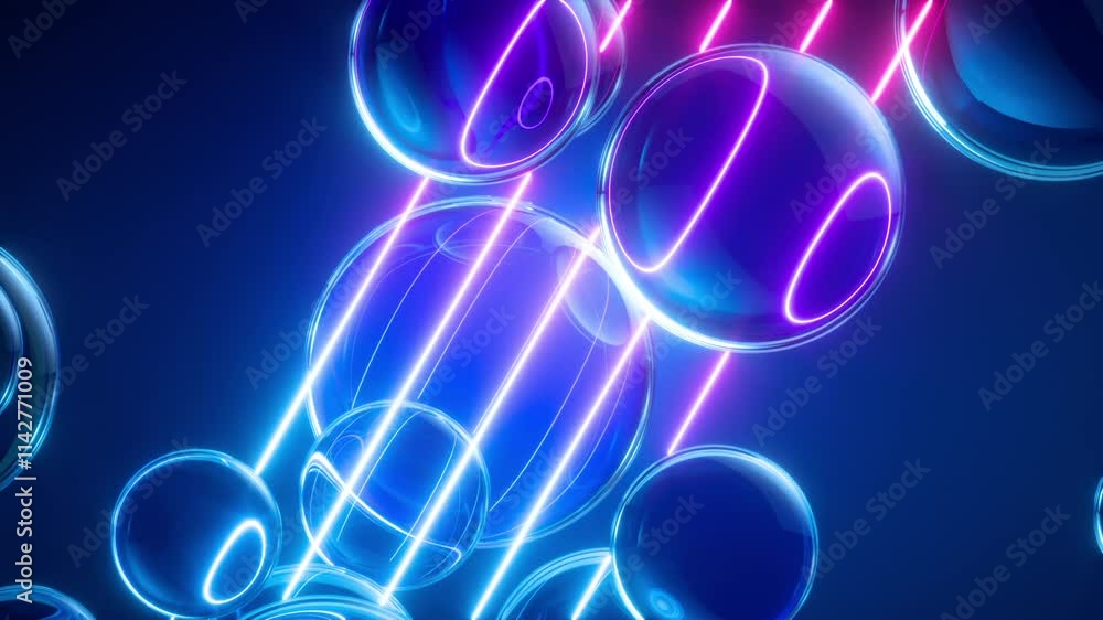 Poster 3d animation. abstract animated geometric background of neon diagonal lines glowing in the dark, and